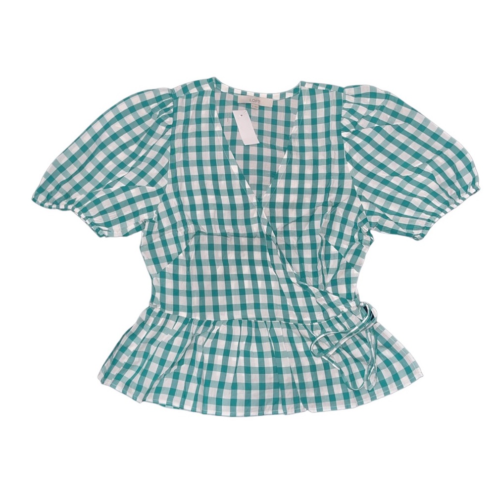Loft Green and White Checkered Wrap Blouse